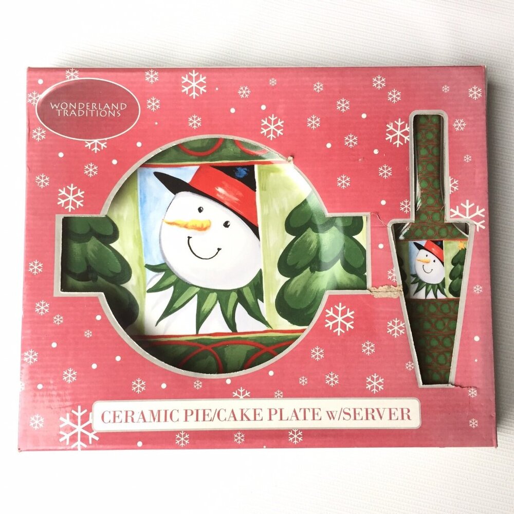 Snowman Art Ceramic Cake Pie Plate w Server Spatula Christmas Holiday Vintage